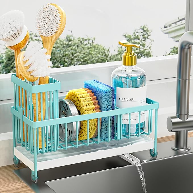 Cisily Sponge Holder for Kitchen Sink, Sink Caddy Organizer with High Brush Holder, Kitchen Countertop Organizers and Storage Essentials, Rustproof 304 Stainless Steel (Turquoise, 9.25″)