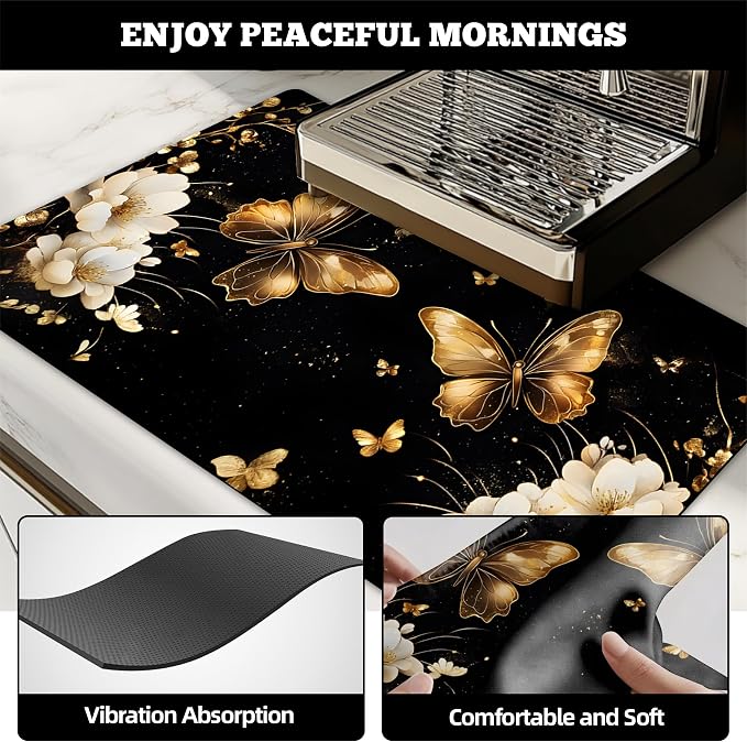 Dish Drying Mat Large Coffee Mat Absorbent Drying Mat for Kitchen Counter Coffee Bar Accessories 32"x 17", Gold Butterfly
