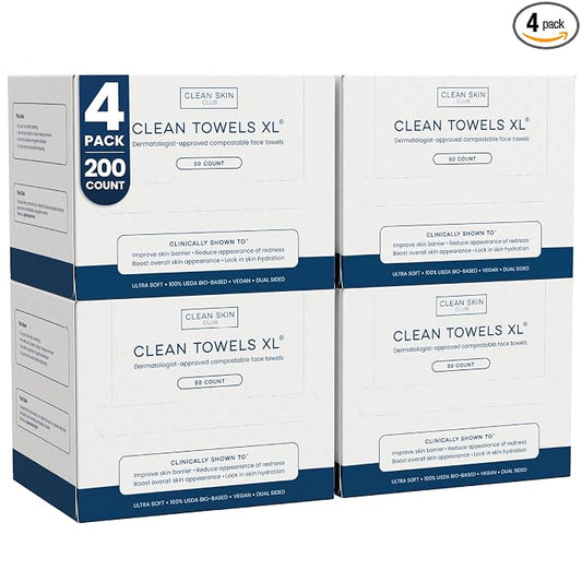 Clean Skin Club Clean Towels XL®, 100% USDA Biobased Face Towel, Disposable Face Towelette, Eczema Association Accepted, Makeup Remover Dry Wipes, Ultra Soft, 50 ct per pack, 4 Packs, 200 Ct Total