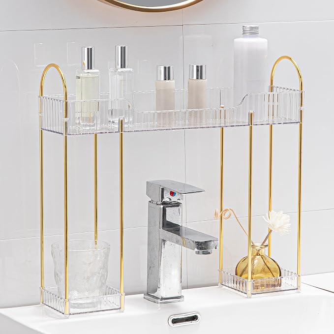 YCIA&DONE Bathroom Countertop Organizer Over the Faucet, Narrow Counter Organizers Above Sink, Table Mounted Shelf for Kitchen, Toilet, Laundry(White Clear)