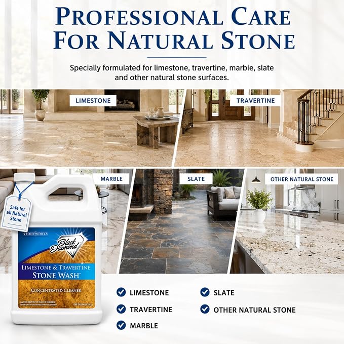 Black Diamond Stoneworks Limestone & Travertine Stone Wash Concentrate – pH Neutral Cleaner for All Sealed & Unsealed Natural Stone Floors Including Marble, Slate, Granite & More (4 Gallons)