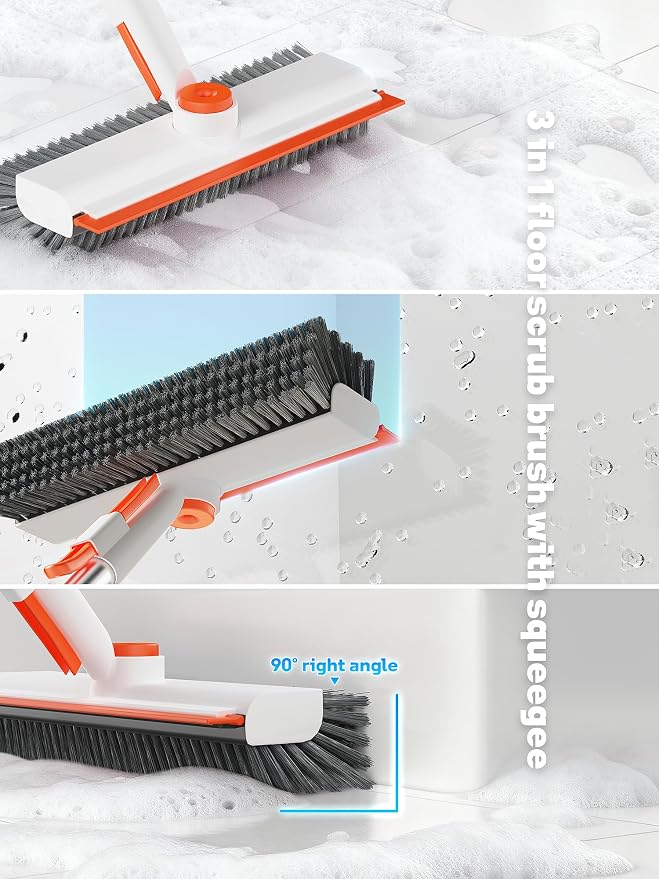 Floor Scrub Brush with Long Handle, 3 in 1 Deck Brush with Squeegee | 360° Swivel, Dual-side Bristle Floor Scrubber with Tweezer for Tile Wall Bathtub Patio Garage Pool Kitchen (Orange and White