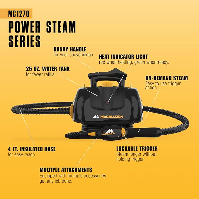 McCulloch MC1270 Portable Power Steam Cleaner, 30 Minute Runtime, 16 Accessories: Mop Head, Brushes, & More - Built for Home, Tile, Grout, Carpet, Furniture, & Personal Car Detailing