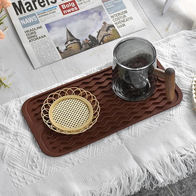 Silicone Dish Drying Mat, Non-Slip Easy Clean Sink Mat Large Heat-resistant Dish Drainer Mat for Kitchen Counter, Sink, Refrigerator or Drawer liner (12" x 6", COFFEE)