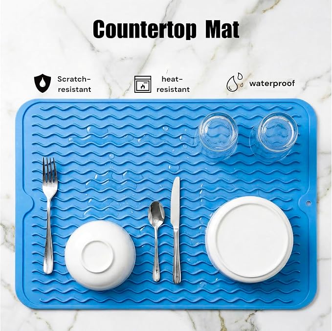 MicoYang Silicone Dish Drying Mat — Quick-Dry Ridges Counter & Sink Pad, Heat-Resistant Trivet to 450°F, Non-Slip & Dishwasher Safe, Roll-Up Storage, 18 Colors & 9 Sizes (Lichen Blue, 16"×12")