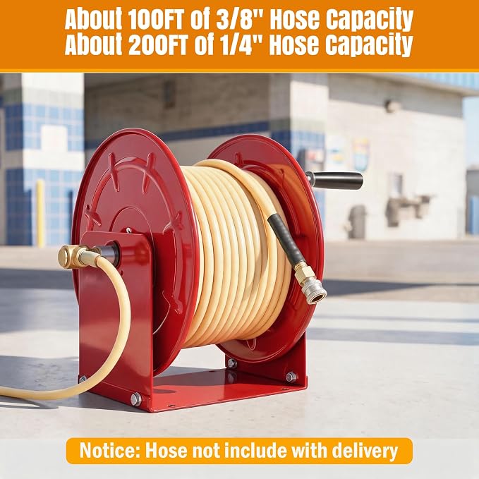 lesolar Pressure Washer Hose Reel100FTx3/8'' / 200FTx1/4'' | Retractable Hand Crank Power Washer Hose Reel,Wall/Floor Mounted Heavy Duty Hose Reel for Water,Red