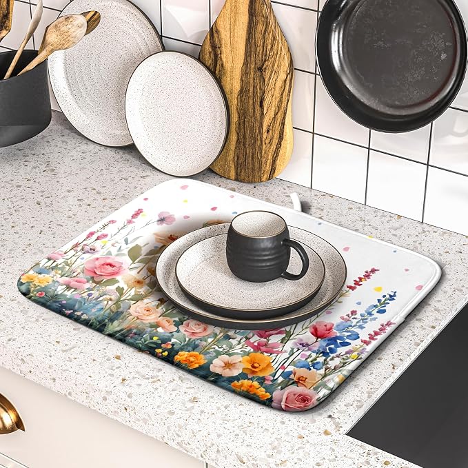 Colorful Flower Dish Drying Mat 16x18 Inch Botanical Floral Drainer Rack Mats Washable Absorbent Dish Dry Pad for Kitchen Counter Sink