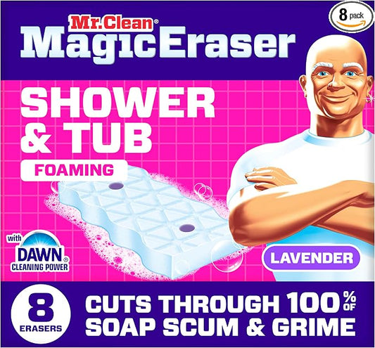 Mr. Clean Magic Eraser Sponge, Bathroom, Shower, Tub Cleaner, Soap Scum Remover, Bathroom Cleaning Supplies, Dawn Cleaning Power with Lavender Scent, Shower & Tub, 8ct