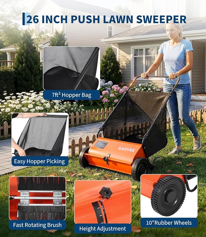 26 Inch Push Lawn Sweeper, Garden Lawn Sweeper Leaf and Grass Collector with 7 Cu.ft Mesh Bag, Adjustable Brush Height and 4 Spinning PP Brushes, Yard Sweeper for Leaves Grass Cleanup | with 7 Cu.ft Mesh Bag, Adjustable Brush Height and 4 Spinning PP B...