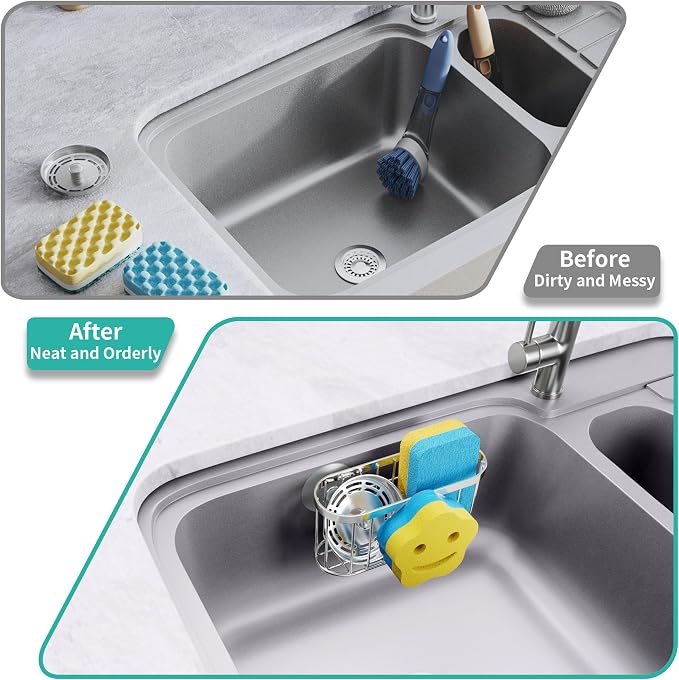 HapiRm Sink Caddy Sponge Holder - 2 Installation Ways Kitchen Sink Organizer with Smiley Face Sponge Holder, Stainless Steel Kitchen Caddy - Silver