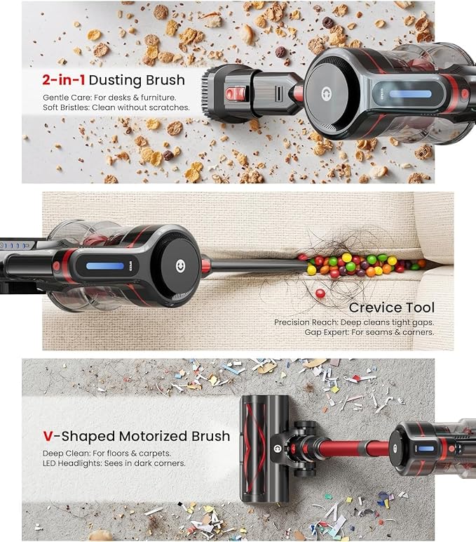 CHEBIO Lightweight Cordless Vacuum Cleaners for Home, Stick Vacuum Cordless Rechargeable with 45kPa Suction,45-Min Run,Anti-Tangle and Self-Stand, 6 in 1 Hardwood Vacuum Cleaner (red)