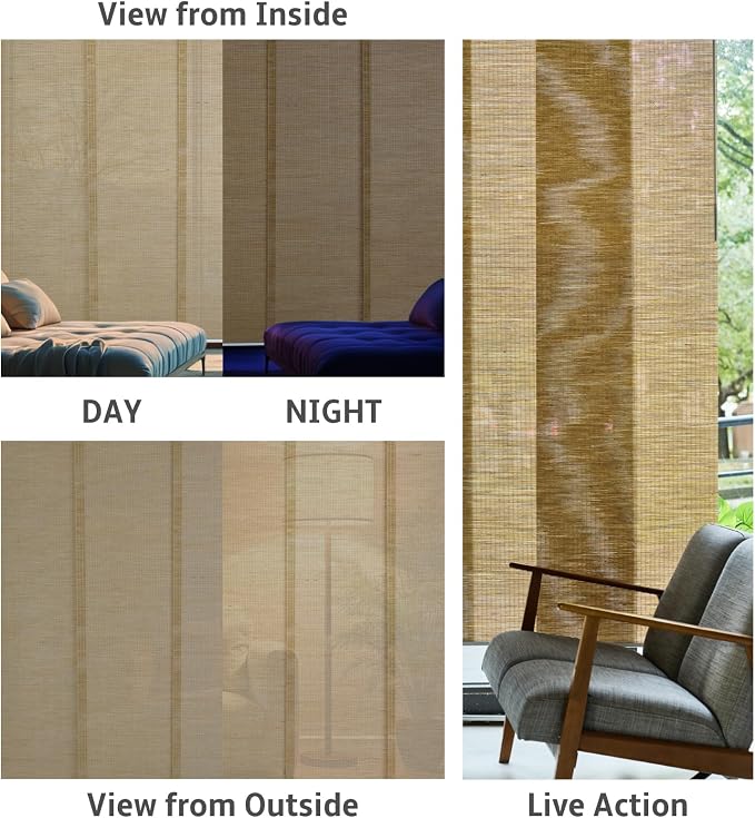 Replacement Fabric Panels for Sliding Glass Door (4-Pack, 23"x96"), Fabric Only, Natural Woven Blind Slats, Trimmable, Sheer, Track & Bottom Rail Not Included,Mountain Oak