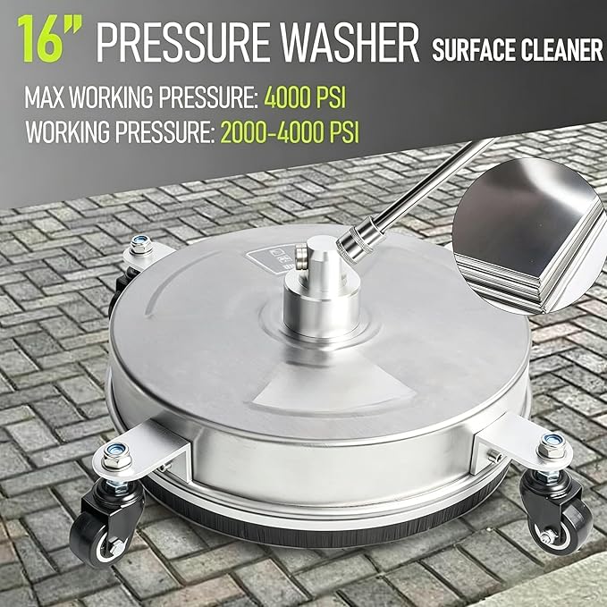Hourleey 16" Pressure Washer Surface Cleaner, Stainless Steel Surface Cleaner with 4 Wheels for Concrete, Patio, Sidewalk, Deck, Pathway 1/4" Quick Connector, 2 Extension Wand, 4000 PSI
