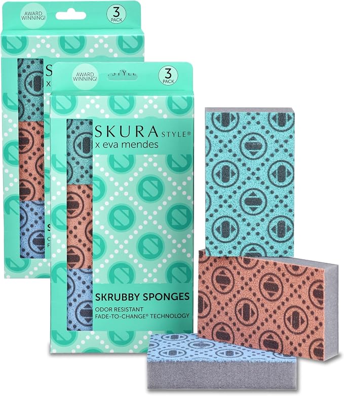 Skura Style x Eva Mendes Smart Kitchen Dish Sponges (Bulk 6 Pack) | Odor Free Non-Scratch Scrub Pad | Household Scrubber for Sink, Counters, Surfaces, Pots, Pans, Dishwashing | Color-Fade Change