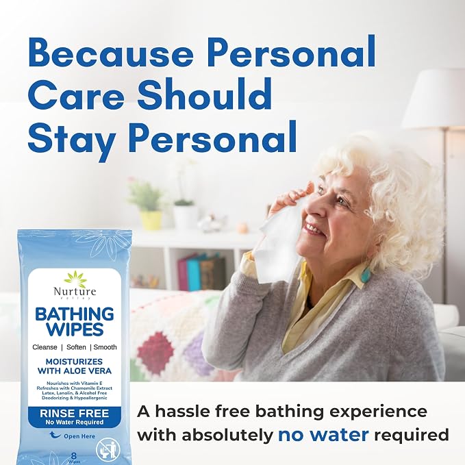 Nurture Rinse Free Bathing Disposable Adult Wipes w/Aloe - Waterless Care | 64 Wipes Waterless Cleansing Disposable Adult Body Bath Wet Wipes for Sensitive Dry Skin, Disabled & Bedridden Care Washcloth