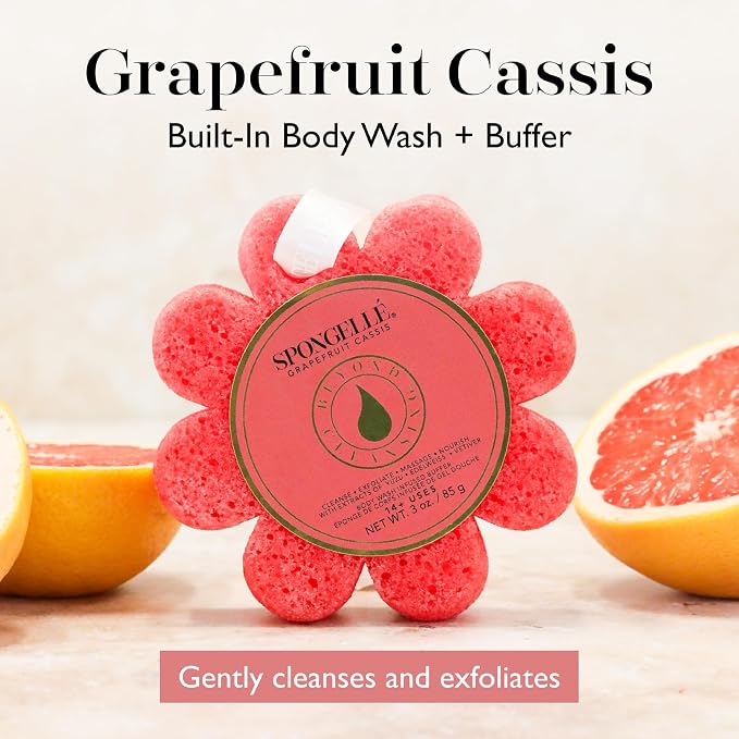 Spongellé Grapefruit Cassis Wild Flower Bath Sponge | Built-in Body Wash & Body Scrubber, Shower Loofah Sponge for Women | 14+ uses