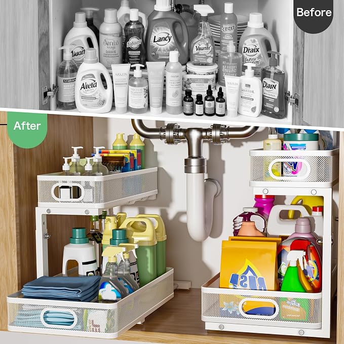 Under Sink Organizer 2 Pack, High Adjustable 2 Tier Under Sink Organizers and Storage, Slide out Metal Cabinet Organizers, Pull out Storage Drawer Shelf for Kitchen Bathroom Cabinet (White-1 pack)