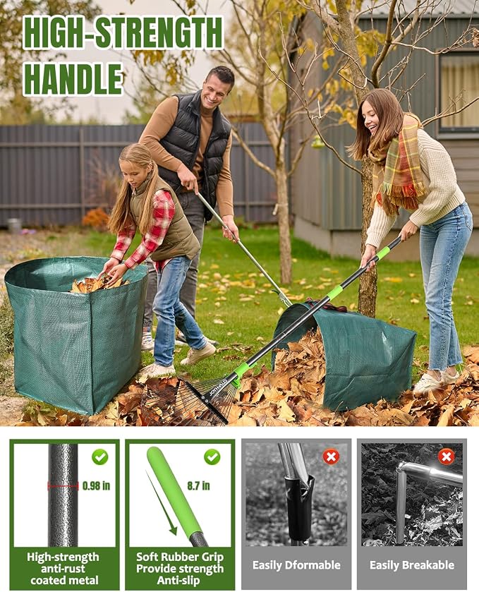 63.4 Inch Adjustable 18 Tines Metal Leaf Rake Set with 40 Gal Dustpan Bags | Adjustable garden rake, Leaf scoop set, Lawn debris collector, Metal tine rake,Outdoor yard tool,Garden shrub & grass sweeper