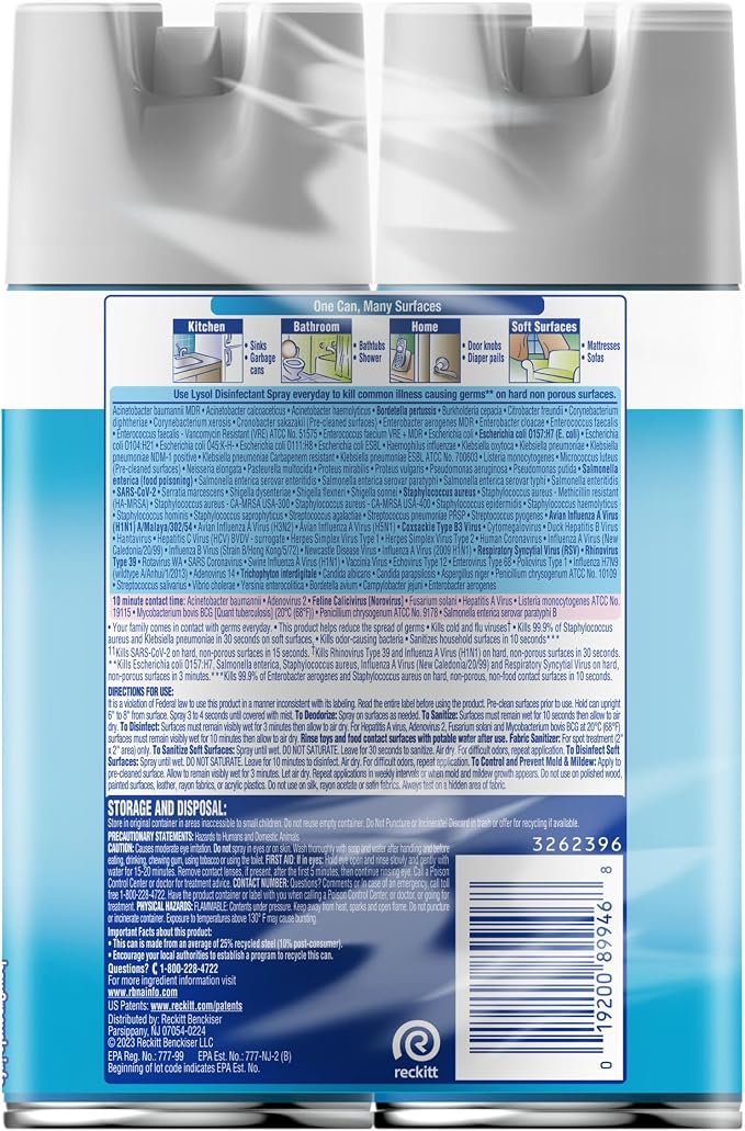 Lysol Disinfectant Spray, Household Cleaning Supplies, Disinfecting Multi-Purpose Room Spray, Antibacterial Sanitizer, Deodorizer, Kills Hantavirus, Crisp Linen, 12.5 Fl Oz (Pack of 2)