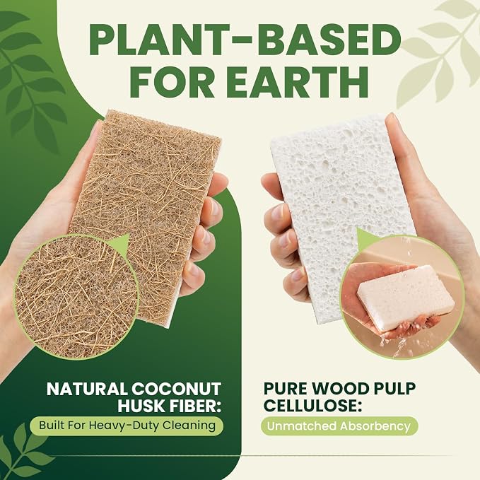 Metflavor Kitchen Sponges, 24 Count, Natural Non-Scratch Cellulose Sponge with Coconut Scrubber for Dishes, Biodegradable & Compostable, Non Toxic Cleaning Sponges for Kitchen, Bathroom, Household