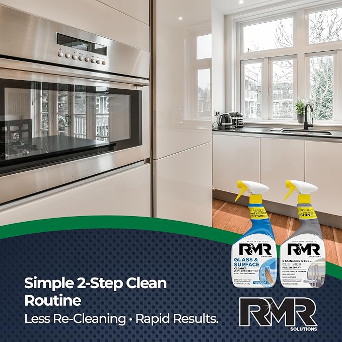 RMR Gleam Team Bundle – Glass & Surface Cleaner + Repellent and Stainless Steel Cleaner Polish, 2-Step Cleaning System for Windows, Shower Doors, Appliances, Faucets & Mirrors, 2–32 Oz Bottles