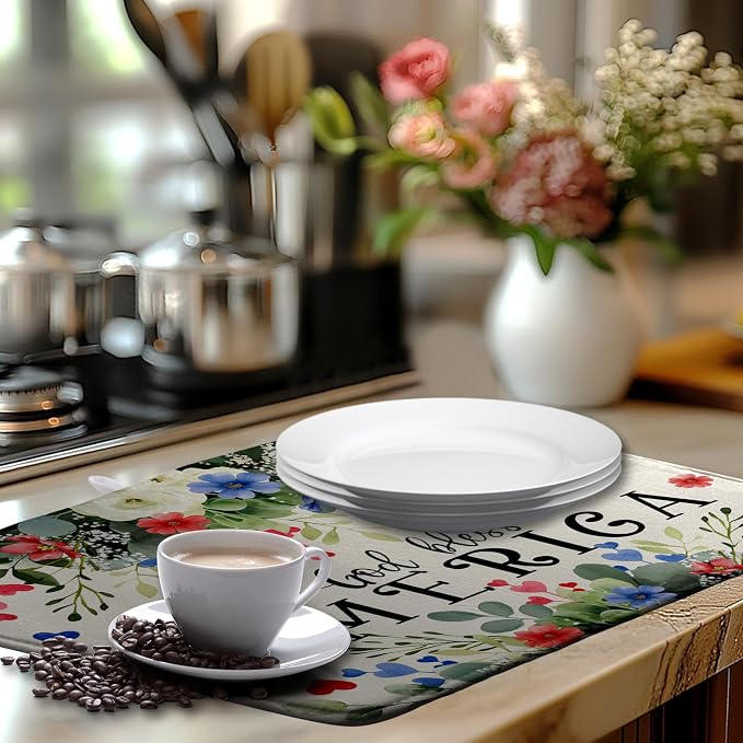 4th of July Patriotic Floral Dish Drying Mat Summer Memorial Day Large Kitchen Mats Dish Drying Pad Absorbent Dish Dryer Mat for Kitchen Countertops Microfiber Drainer Pad Dish Drying Mats (18x24 in)