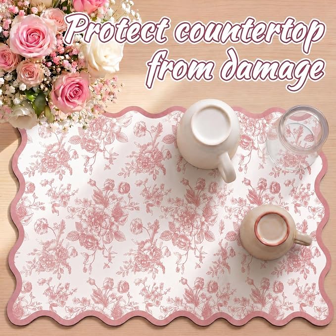 Scalloped Chinoiserie pink floral Dish Drying Mat 12"x20" Absorbent Coffee Mat Cuttable Hide Stain Non-slip Drying for Kitchen Counter Coffee Maker Espresso Machine