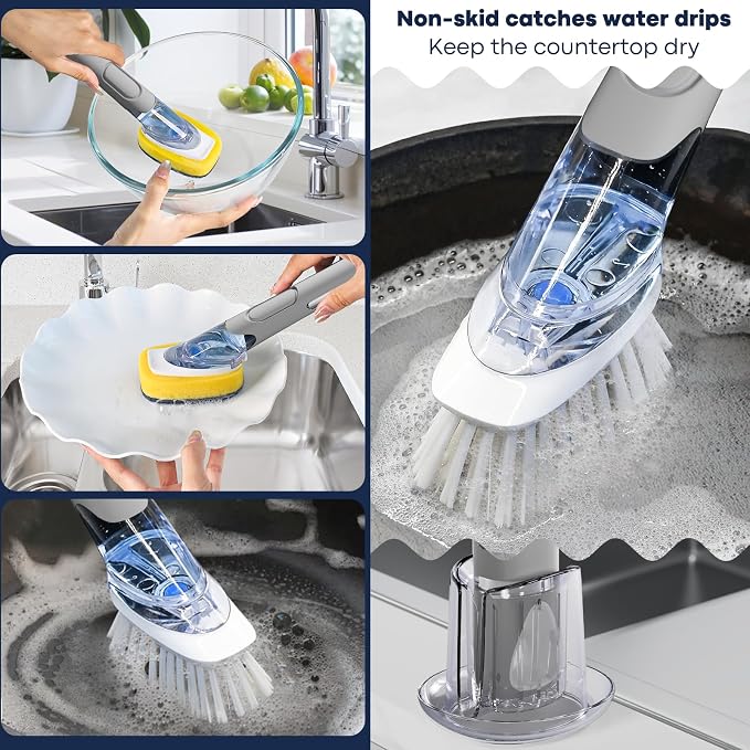 RIMAY Dish Brush Set with Soap Dispenser, 2 Refills and Storage Holder | Soap Dispensing Dish Brush dish scrubber with handle for Cleaning Dishes, Pans, Sink, Pots, Grey