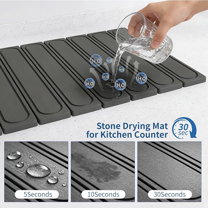 Hopegiver Stone Drying Mat for Kitchen Counter, 24" x 16" Quick Dry Diatomaceous Earth Dish Drying Mat, Super Absorbent, Non-Slip & Foldable, Modern Gray Carve Countertop Mat (GrayCarve,24''x16'')