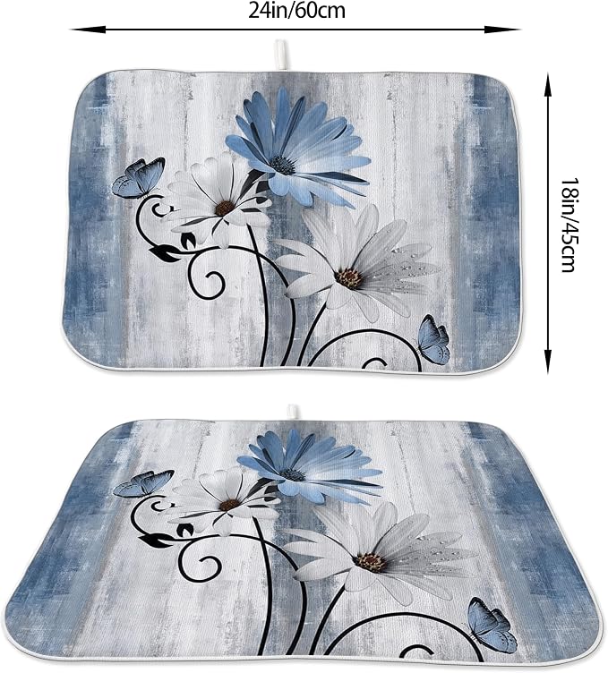Floral Dish Drying Mat 18x24 Inches For Kitchen Counter Blue Daisy Flower Kitchen Decoration Drying Mat Modern Decorative Drying Pad For Home Kitchen Decor,Dining Room,Office Decor