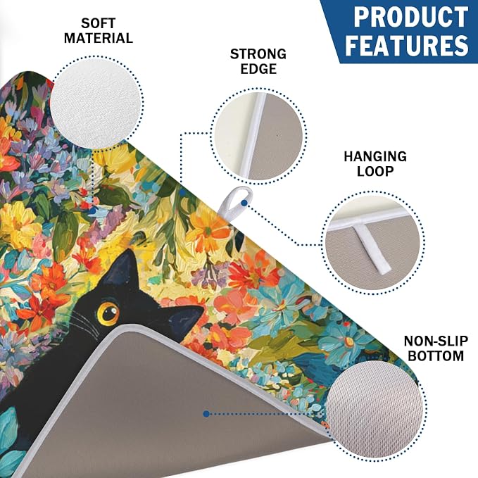 Spring Summer Floral Cat Dish Drying Mat for Kitchen Counter Abstract Oil Painting Wildflower Microfiber Dish Drainer Mat Rustic Absorbent Washable Drying Pad Extra Large 18"x24"