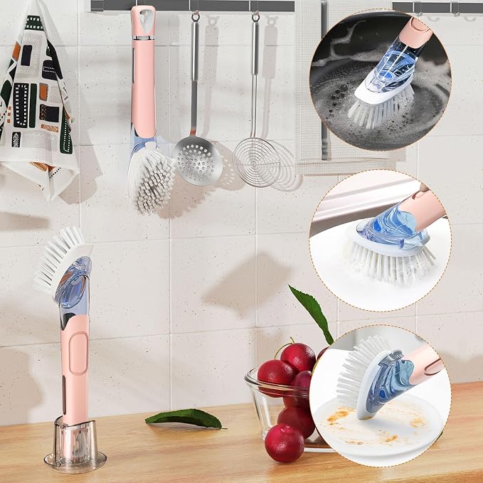RIMAY Dish Brush with Soap Dispenser Dish Washing Brush with Handle | Soap Dispensing Dish Brush, Soap Brush for Kitchen Sink, Dish Wand Kitchen Brushes for Dishes/Pans/Pots/Sink (Pink)