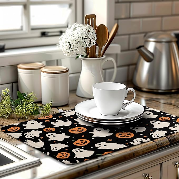 Halloween Dish Drying Mat for Kitchen Counter Pumpkin Spooky Ghosts Fall Dish Mat Absorbent Microfiber Reversible Dish Draining Mat Extra Large Dishes Pad 18 X 24 Inch