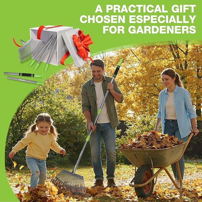 WORKPRO Rakes, Small Leaf Rake with 73” Adjustable Long Handle | Narrow Metal Garden Rake with 25 Steel Tines, Heavy Duty Rust-Resistant Lawn Rakes for Yard, Flower Beds & Tight Spaces