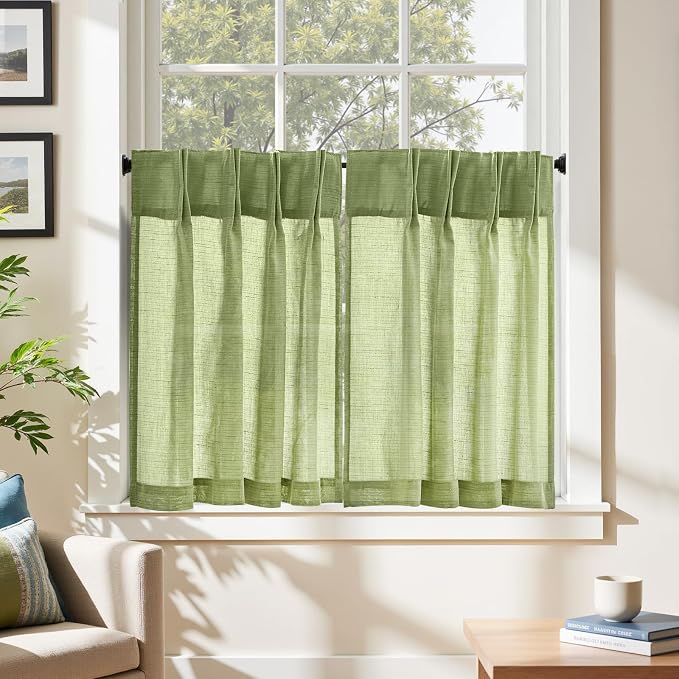 jinchan Linen Pinch Pleated Back Tab Tier Curtains, 26x30, 2 Panels, Green | Light filtering,small window treatment,cafe curtains,machine washable,farmhouse,kitchen,bathrooms,laundry