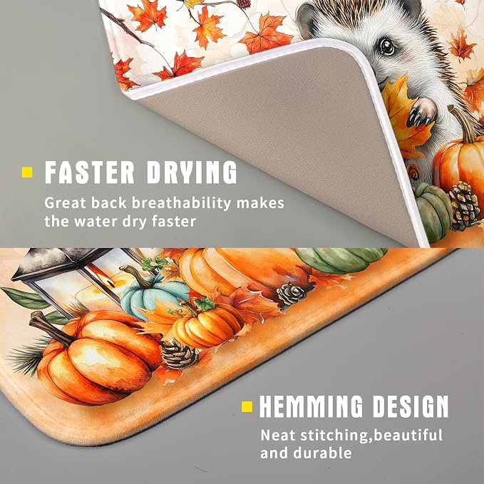 Happy Fall Dish Drying Mat - Cute Hedgehog Absorbent Drying Pad for Kitchen Counter