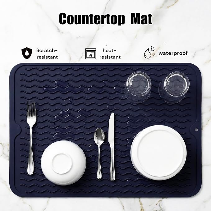 MicoYang Silicone Dish Drying Mat — Quick-Dry Ridges Counter & Sink Pad, Heat-Resistant Trivet to 450°F, Non-Slip & Dishwasher Safe, Roll-Up Storage, 18 Colors & 9 Sizes (Navy Blue, 16"×12")