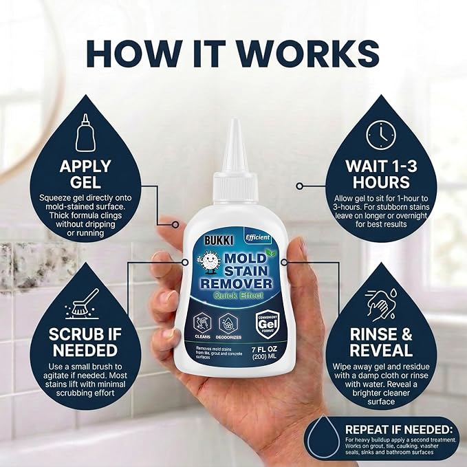 BUKKI Professional Mold Stain Remover Gel (7 FL OZ), Heavy Duty Thick Gel for Shower Grout, Front Load Washer Seals, Caulking, Bathrooms, Sinks and Tile