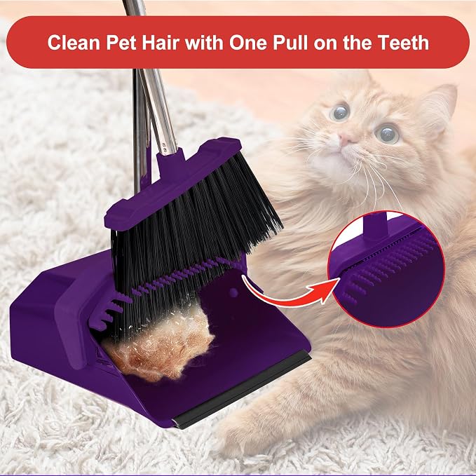 Broom and Dustpan Set for Home, 51" Long Handle Standing Dustpan Purple | Self-Cleaning Dust Pan and Brooms, ZeroGap Lip, Upright Storage Broom Combo for Kitchen Lobby Office Restaurant Indoor