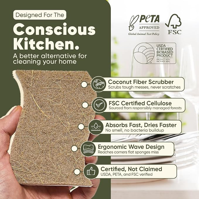 Plant-Based Kitchen Sponges (12 Pack) | USDA Biobased Certified | FSC & PETA Approved | Natural Cellulose & Coconut Scrubber Sponge | S-Shaped Design | Eco-Friendly, Non-Scratch, Non-Toxic & Vegan