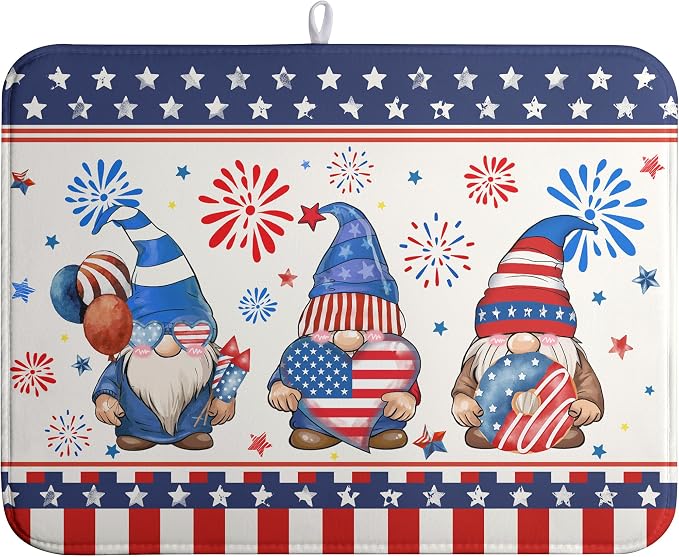 4th of July Dish Drying Mats for Kitchen Counter 18x24 In Memorial Independence Day Patriotic Gnome Stars Microfiber Drying Mat Fourth of July USA Super Absorbent Dish Rack Mat Drying Pad