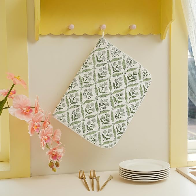 Boho Dish Drying Mat 18x24 Inches For Kitchen Counter Block Print Green Floral Kitchen Decoration Drying Mat Modern Decorative Flower Drying Pad Mat for Home Kitchen Decor,Dining Room,Office