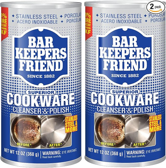 Bar Keepers Friend Cookware Cleanser & Polish (2 x 12 oz) Stainless Steel Cleaner & Degreaser for Pots, Pans, Bakeware & Grills - Removes Sticky Residue, Rust Stains & Lime Deposits