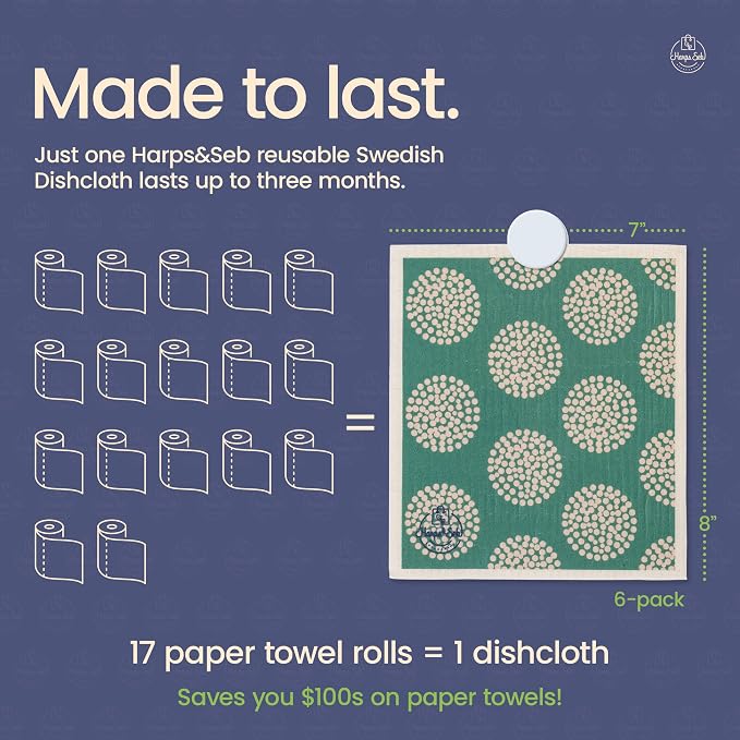 Harps&Seb Swedish Dishcloths for Kitchen Dishcloths - 6 Pack, Reusable Paper Towels with Clips, Super Absorbent Washable Non-Scratch Swedish Dish Towels, No Odor, Biodegradable
