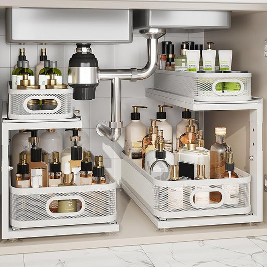 2 Pack 18.5IN-Depth Under Sink Organizer With Next-Gen Ball-Bearing Slides,2-Tier Precision Mesh Pull Out Cabinet Storage for Bathroom&Kitchen,Height Adjustable Drawers Shelf,Anti-rust-White