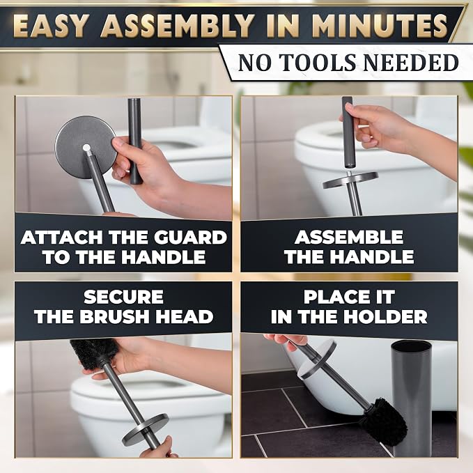 Graphite Metallic Stainless Steel Toilet Brush and Holder Set | Toilet Bowl Brush and Holder with Splash Cover, Sturdy Bristles, Corrosion & Scratch Resistant, Elegant Design