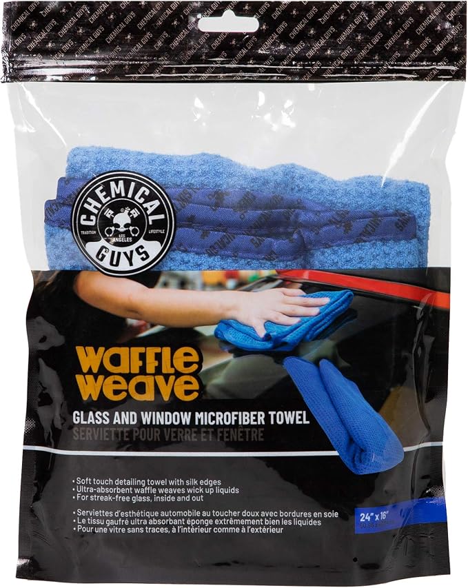 Chemical Guys Waffle Weave Glass Cloth Microfiber Towel, Blue, 24 x 16 | Waffle-weave towel wipes glass, mirrors and windows streak-free, scratch-safe for cars, trucks and home