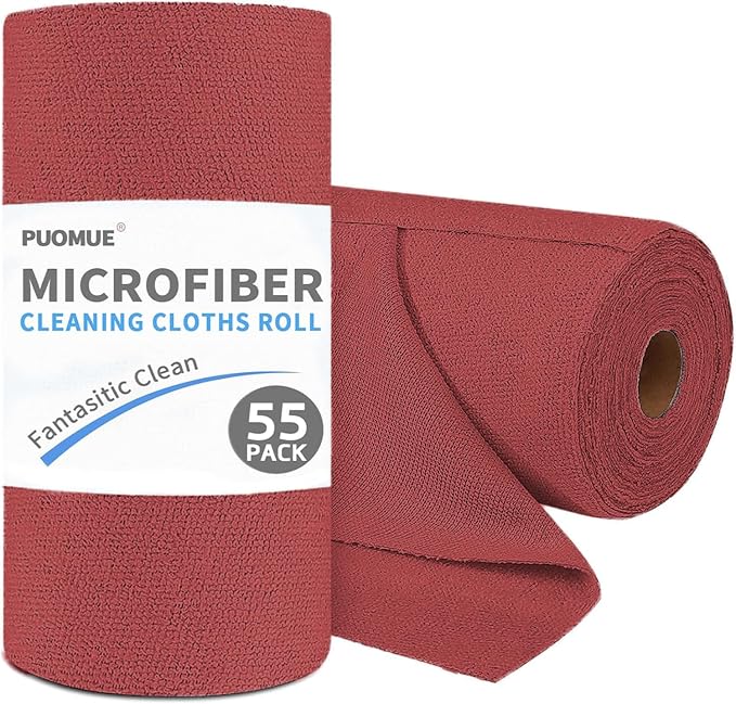 Puomue 55 Pack Microfiber Cleaning Cloth Roll, Tear Away Reusable Paper Towels, 11" X 9", Ultra Absorbent & Lint Free Microfiber Cloth for Cleaning Cars, Kitchen, Window, Home and Shop, Burgundy Red