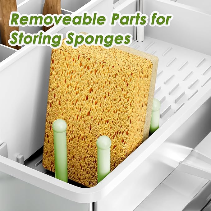 Ewaiira Stainless Steel Sink Caddy, Sponge Holder for Kitchen Sink with Brush Holder & Dishcloth Rack, Rustproof Organizer Countertop, Soap Dispenser Kitchen Organizers Storage Essentials, White 9.8″