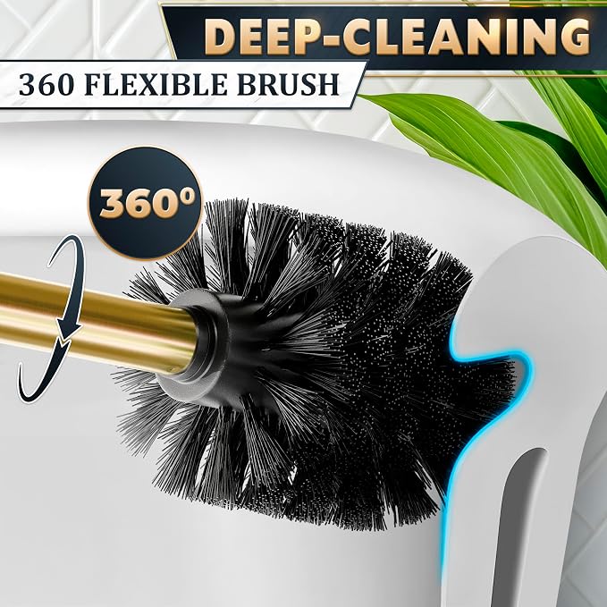 Stainless Steel Toilet Brush and Holder Set, Splash Guard (Gold) | Toilet Bowl Brush and Holder, Removable Inner Bowl, Dense Bristles, Long Handle, Scratch Resistant, for Modern Bathrooms